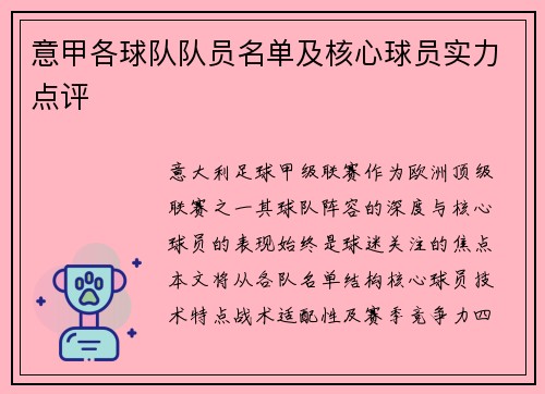 意甲各球队队员名单及核心球员实力点评